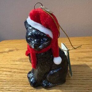 Kurt S. Adler (KSA) Hand-crafted Glass Black Cat in a Santa Hat Ornament